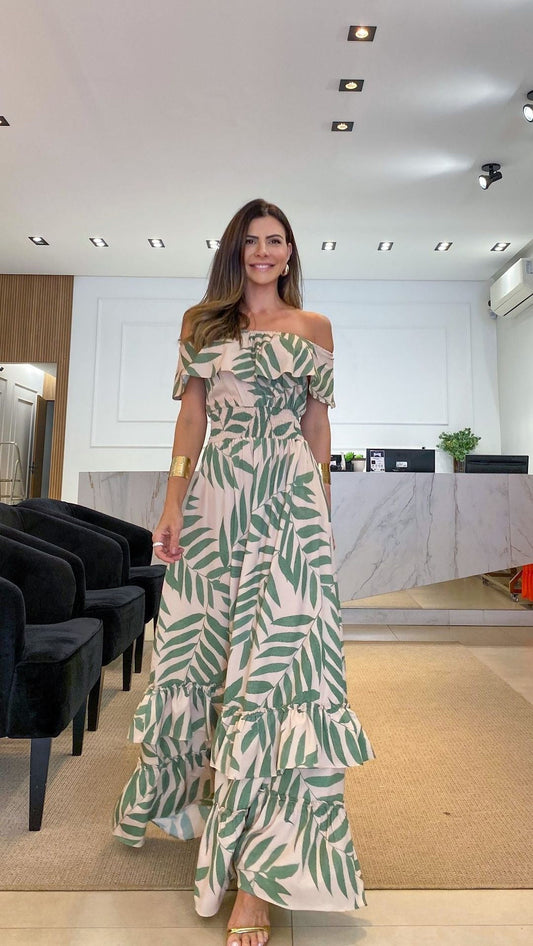 One Sleeve Palm Printed Self-tie Tiered Maxi Dress
