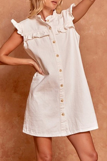 Daily Make Old Buckle Lotus Leaf Collar Short Sleeve Straight Denim Dresses