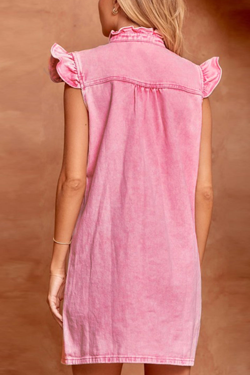 Daily Make Old Buckle Lotus Leaf Collar Short Sleeve Straight Denim Dresses