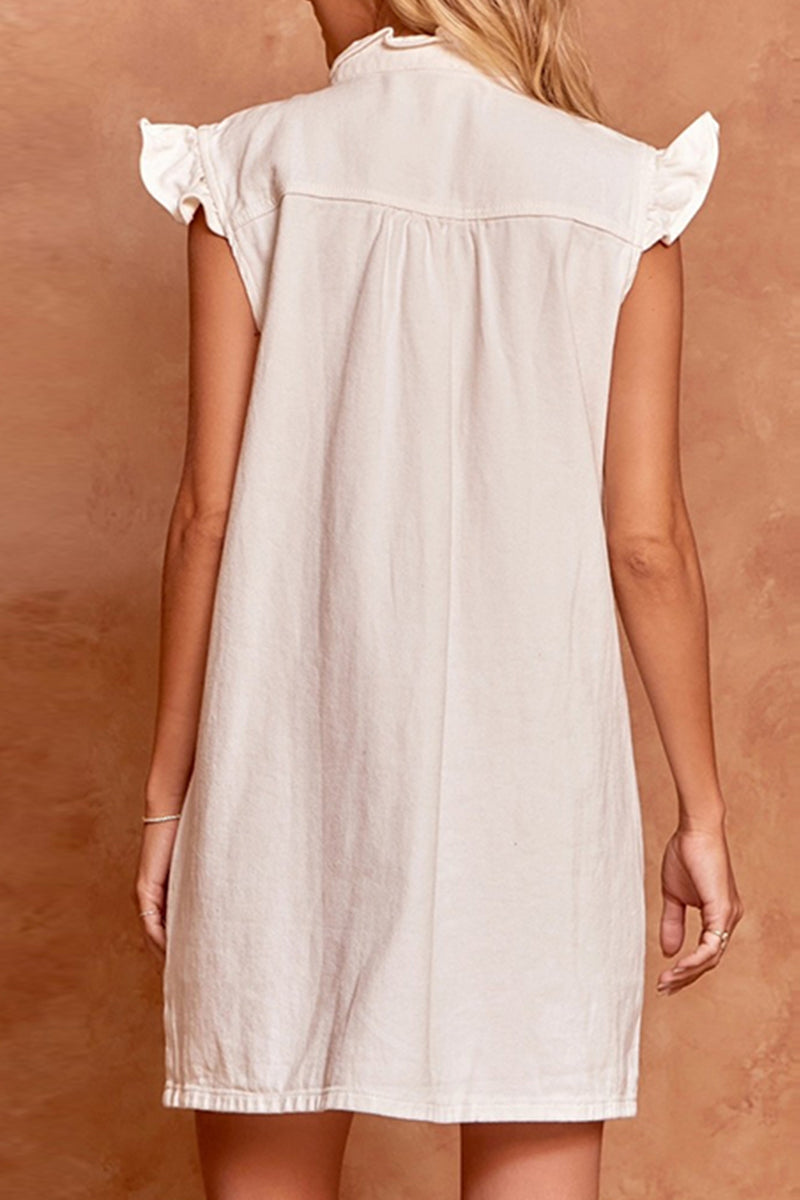 Daily Make Old Buckle Lotus Leaf Collar Short Sleeve Straight Denim Dresses