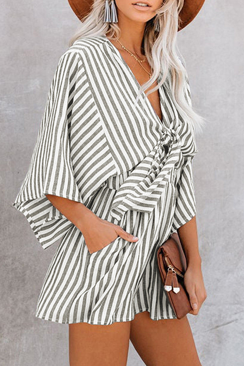 Simplicity Geometric Patchwork Frenulum V Neck Loose Jumpsuits(4 Colors)