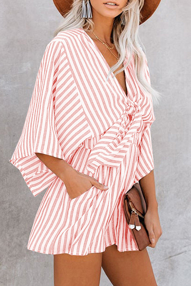 Simplicity Geometric Patchwork Frenulum V Neck Loose Jumpsuits(4 Colors)