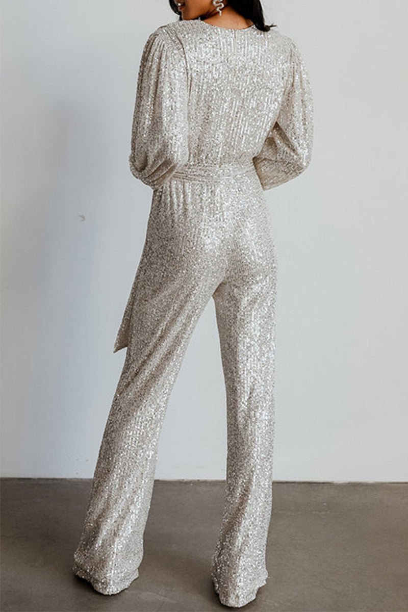 Sequins V Neck Regular Jumpsuits