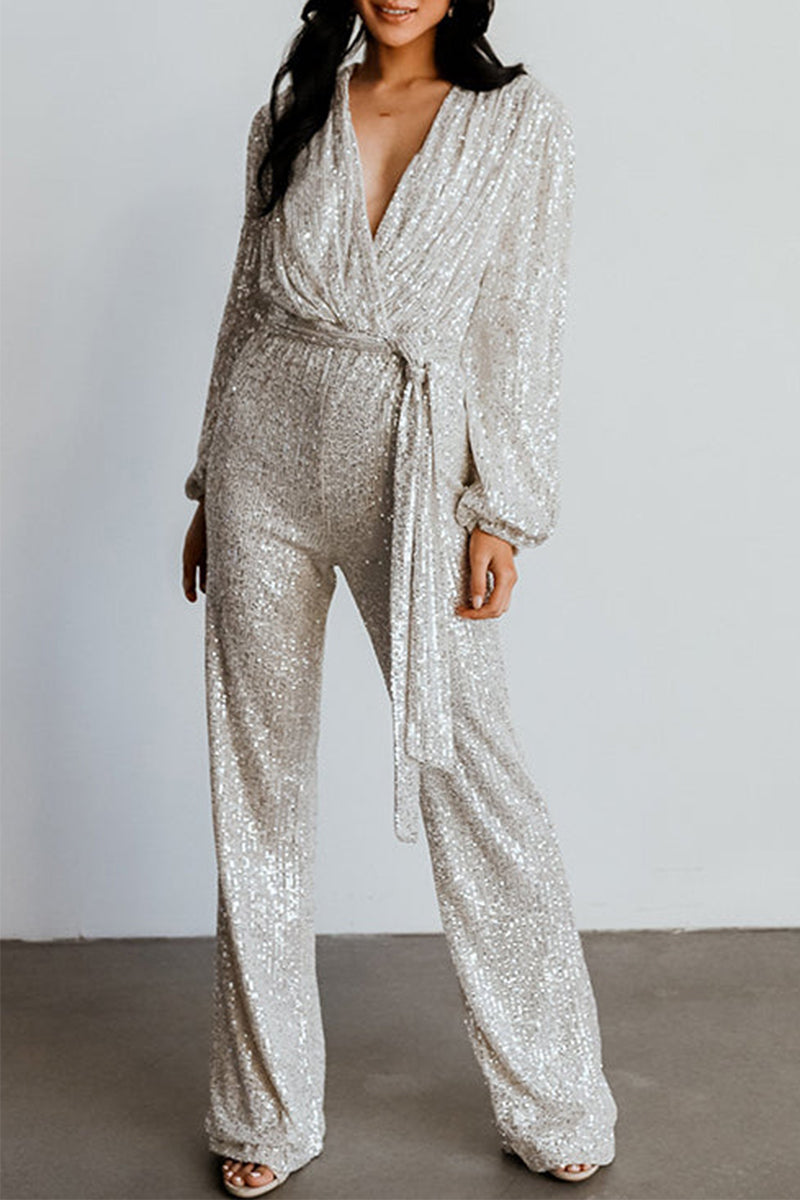 Sequins V Neck Regular Jumpsuits