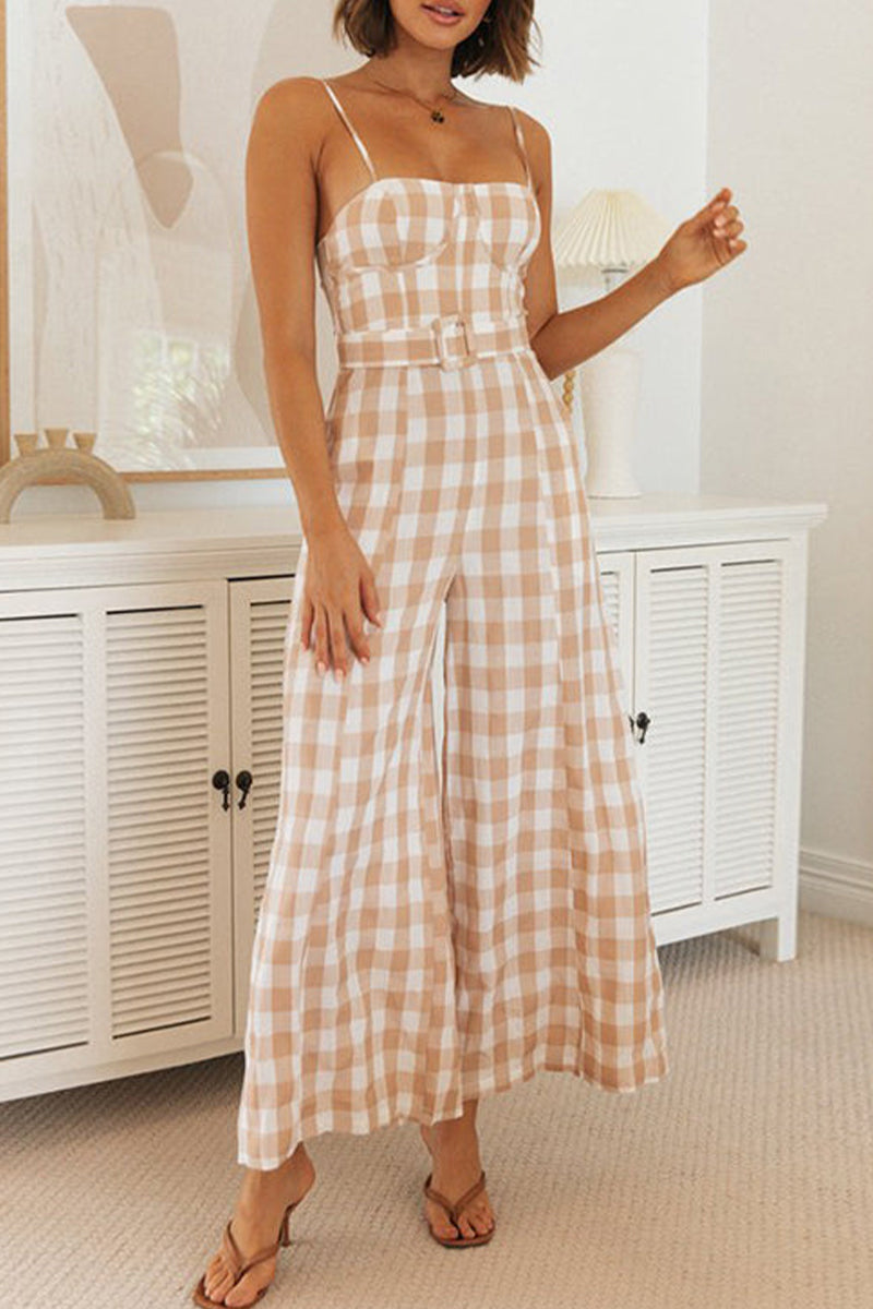 Plaid Patchwork Square Collar Loose Jumpsuits