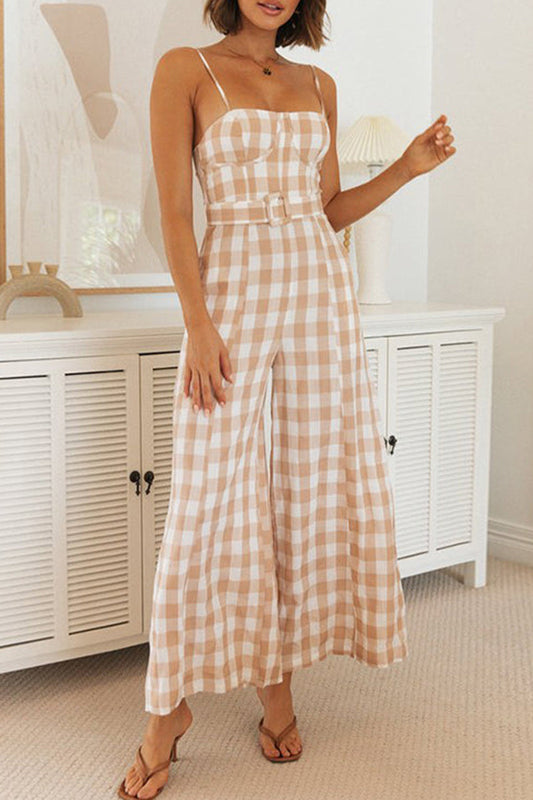 Plaid Patchwork Square Collar Loose Jumpsuits