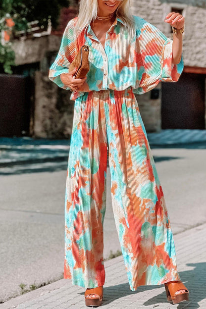 Tie Dye Patchwork Turndown Collar Loose Jumpsuits