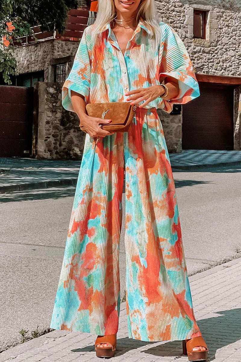Tie Dye Patchwork Turndown Collar Loose Jumpsuits