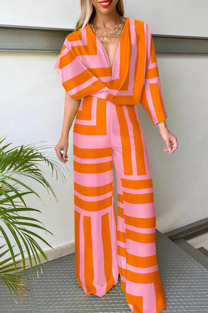 Sportswear Print Patchwork Asymmetrical V Neck Straight Jumpsuits