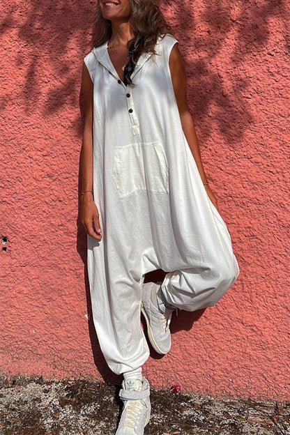 Sportswear Pocket Hooded Collar Loose Jumpsuits