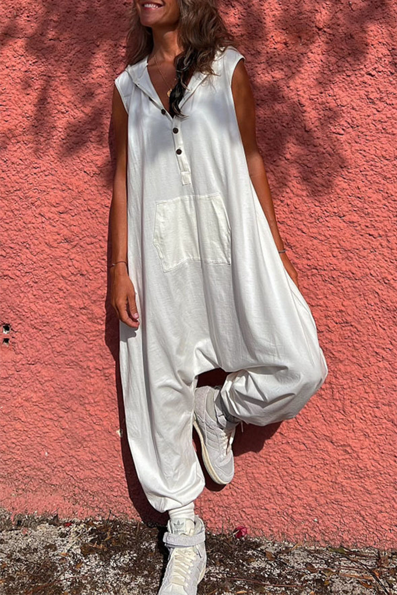 Sportswear Pocket Hooded Collar Loose Jumpsuits