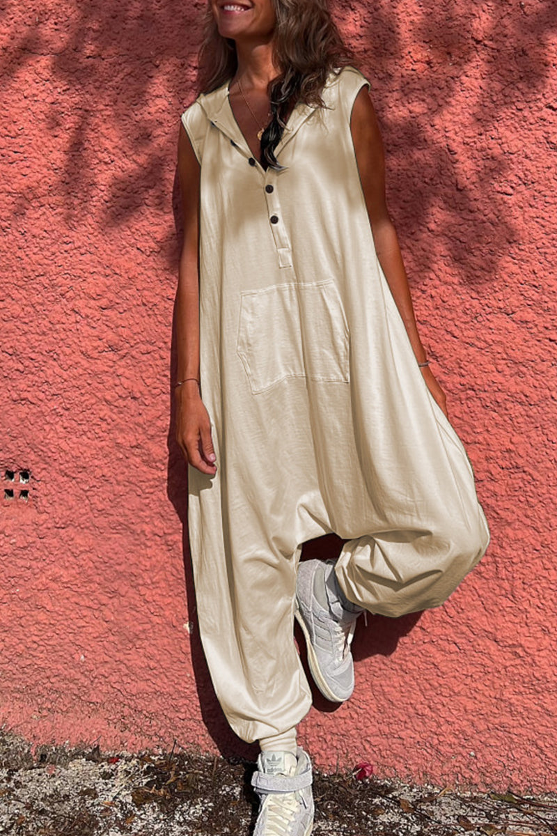 Sportswear Pocket Hooded Collar Loose Jumpsuits