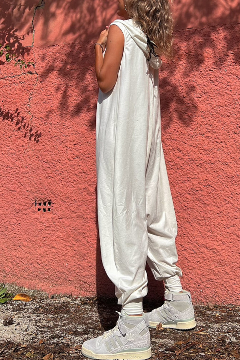 Sportswear Pocket Hooded Collar Loose Jumpsuits