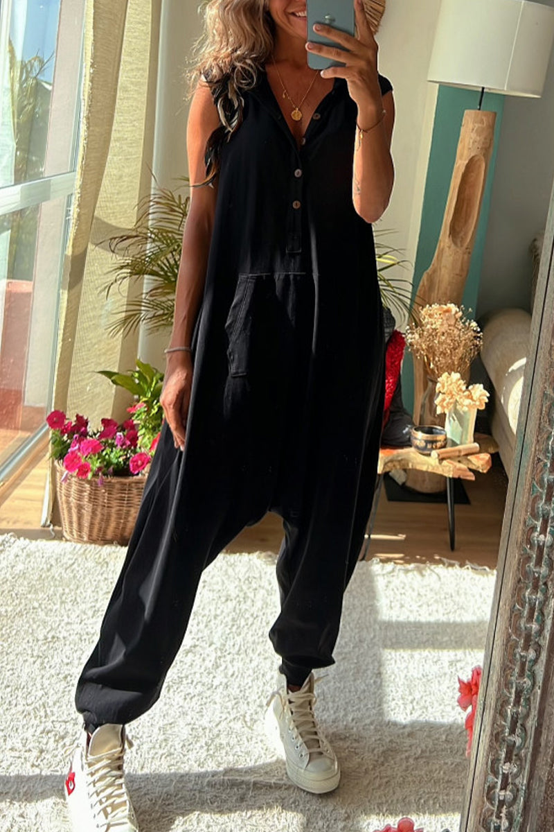 Sportswear Pocket Hooded Collar Loose Jumpsuits