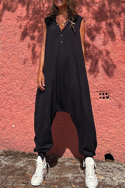 Sportswear Pocket Hooded Collar Loose Jumpsuits