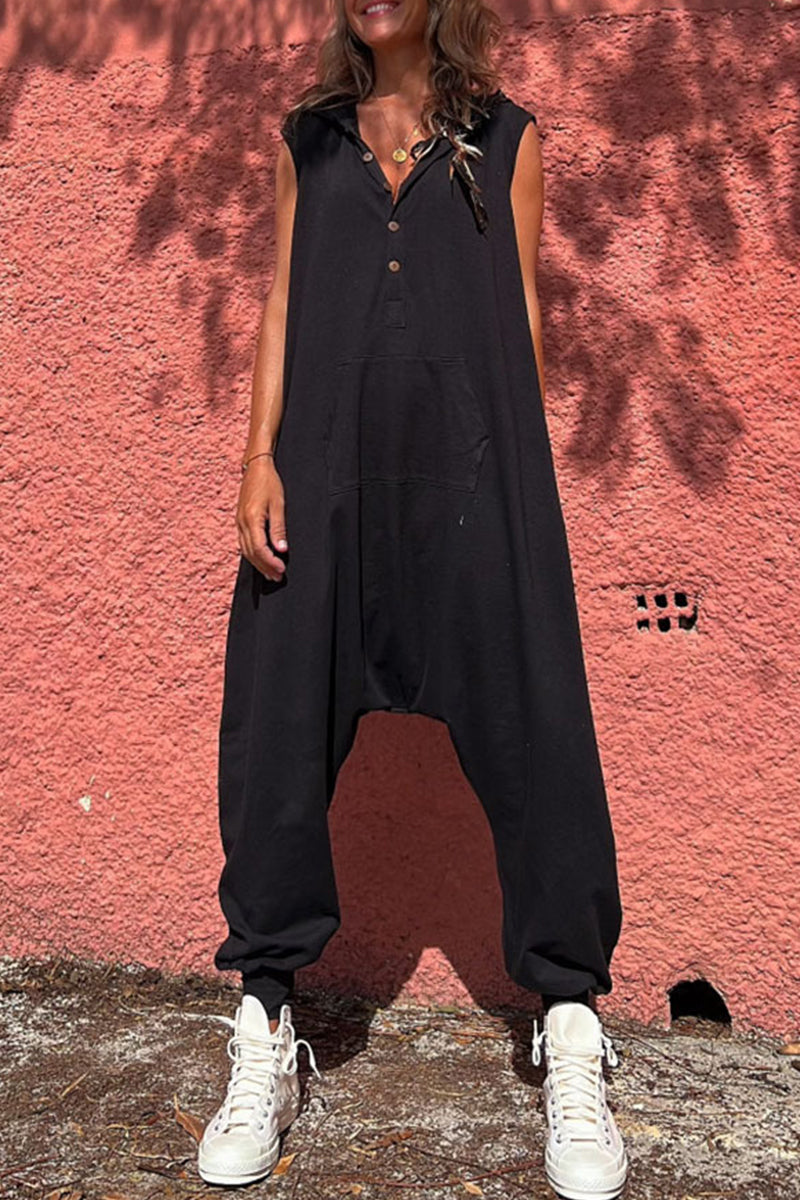 Sportswear Pocket Hooded Collar Loose Jumpsuits