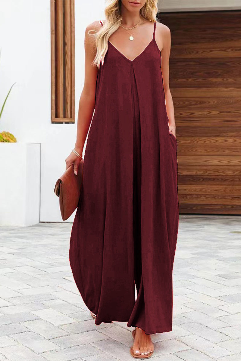 Color V Neck Loose Jumpsuits(6 Colors)
