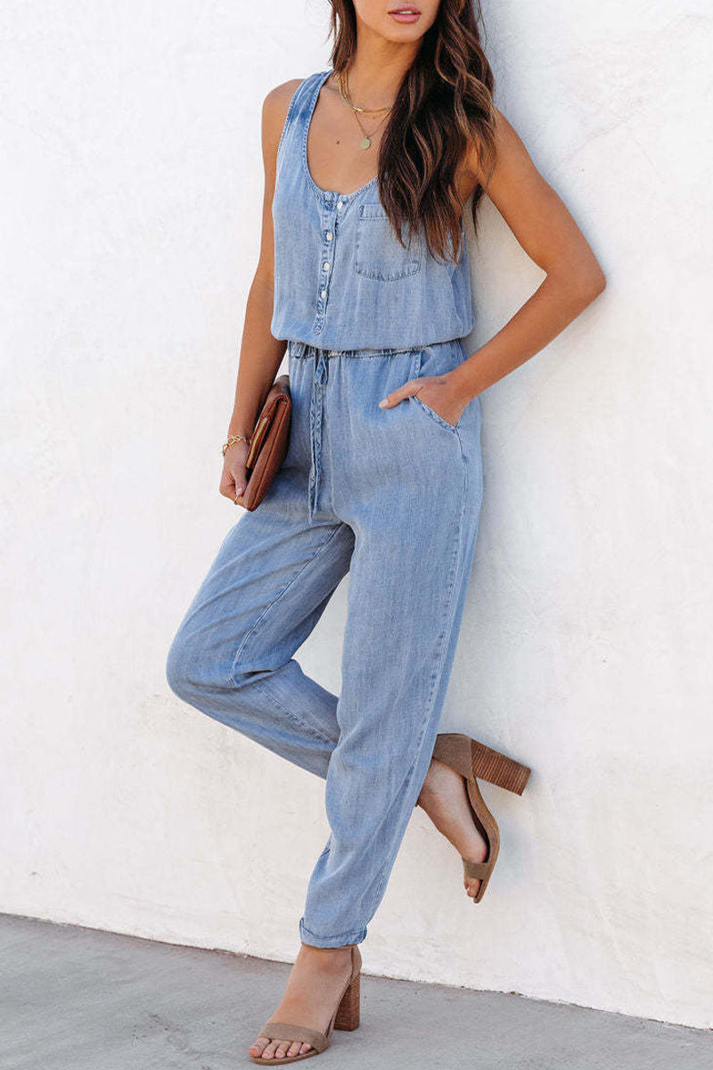 Street Print Patchwork Pocket U Neck Sleeveless Loose Denim Jumpsuits