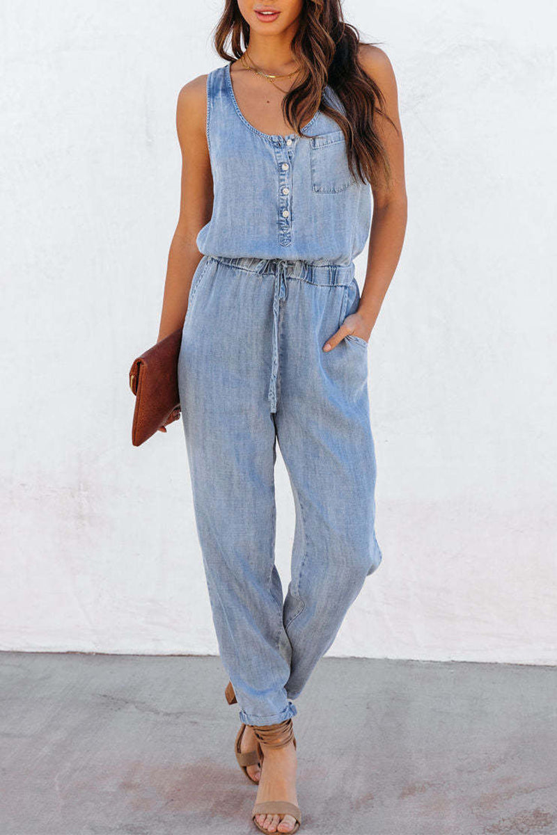 Street Print Patchwork Pocket U Neck Sleeveless Loose Denim Jumpsuits