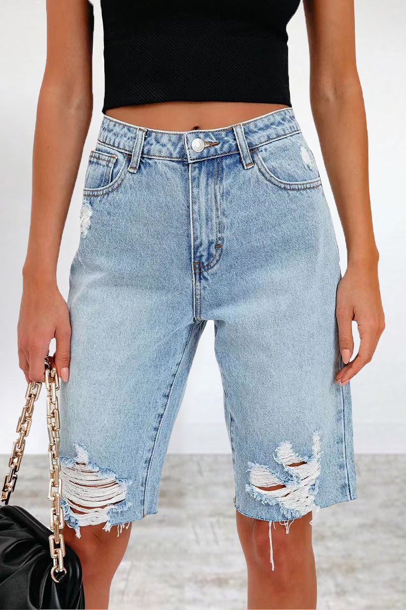 Street Ripped Patchwork Regular Denim Shorts