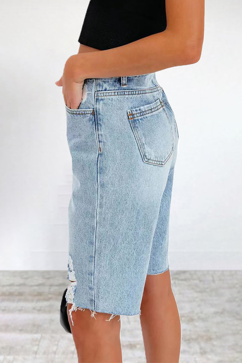 Street Ripped Patchwork Regular Denim Shorts