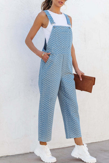 Street Print Pocket Square Collar Sleeveless Loose Denim Jumpsuits