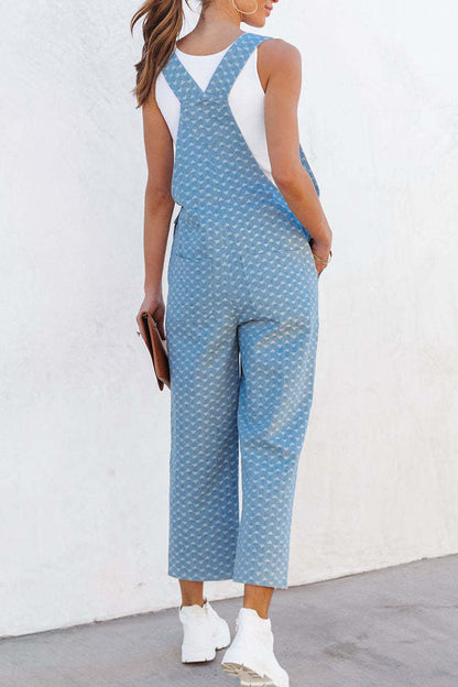 Street Print Pocket Square Collar Sleeveless Loose Denim Jumpsuits