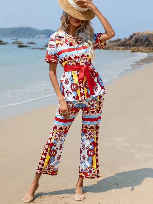 Bow Print Shirt & Wide Leg Pants Coord Set