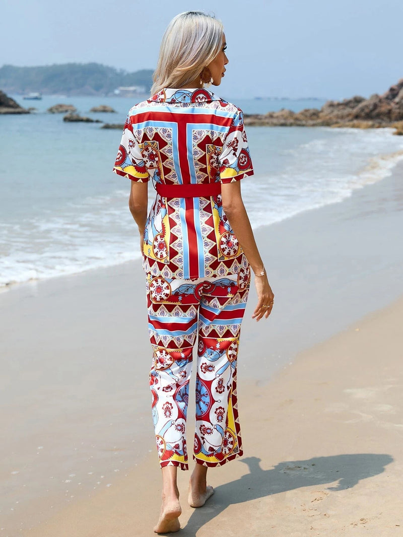Bow Print Shirt & Wide Leg Pants Coord Set