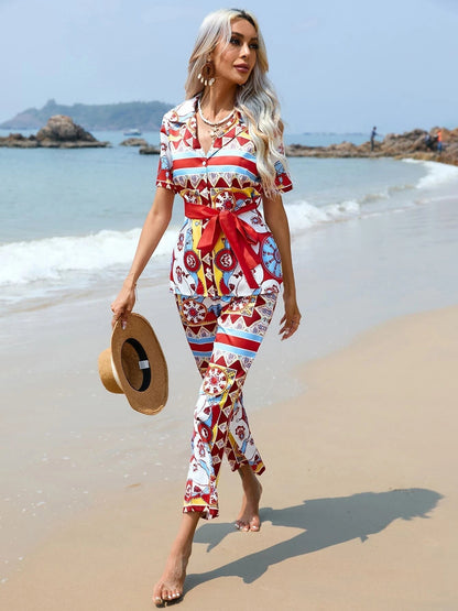 Bow Print Shirt & Wide Leg Pants Coord Set