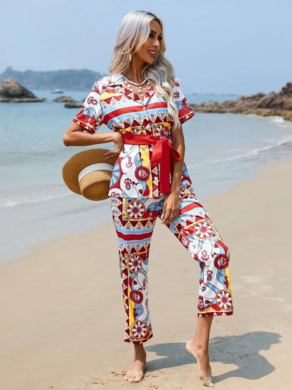 Bow Print Shirt & Wide Leg Pants Coord Set