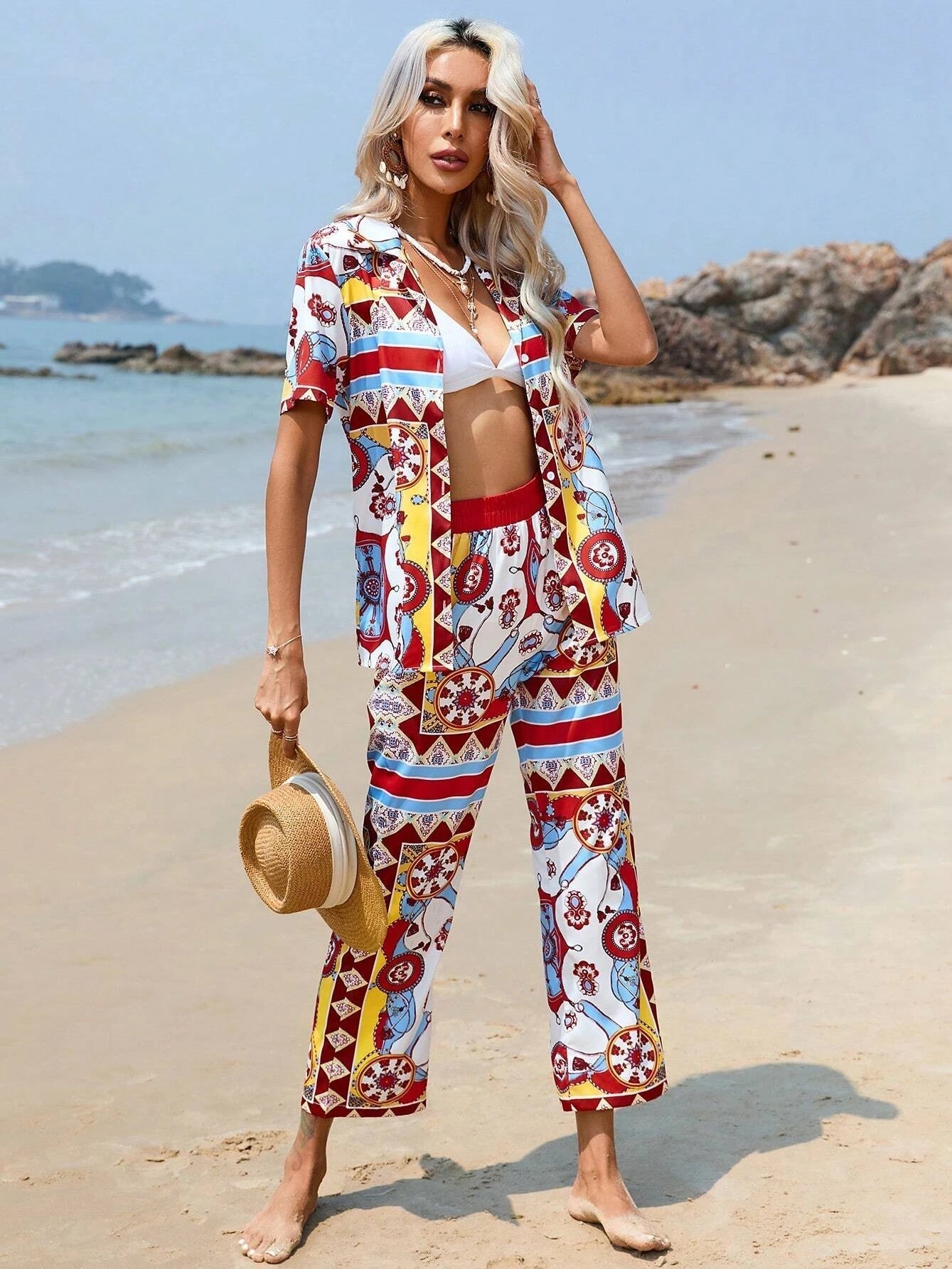 Bow Print Shirt & Wide Leg Pants Coord Set
