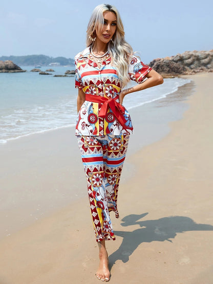 Bow Print Shirt & Wide Leg Pants Coord Set