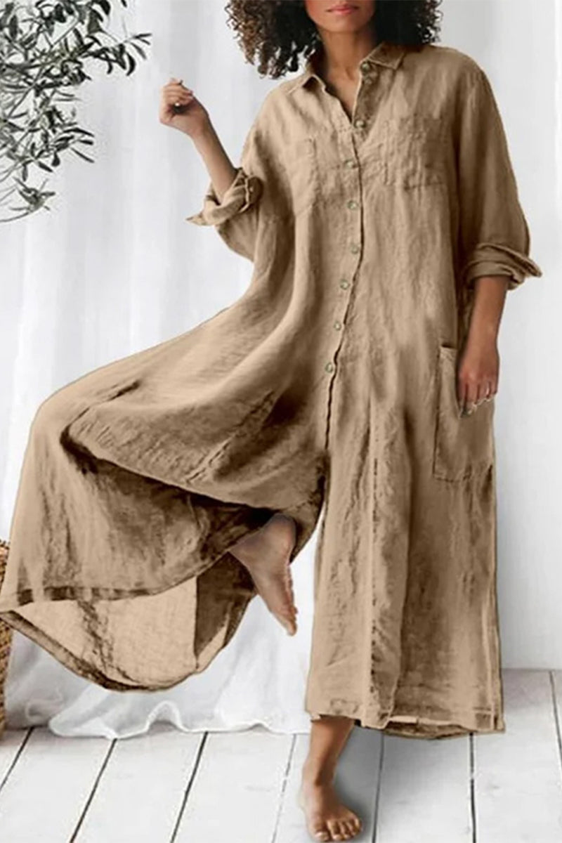 Vacation Pocket Buttons Turndown Collar Loose Jumpsuits