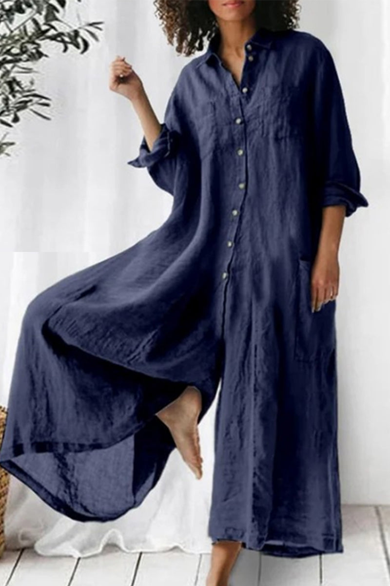 Vacation Pocket Buttons Turndown Collar Loose Jumpsuits