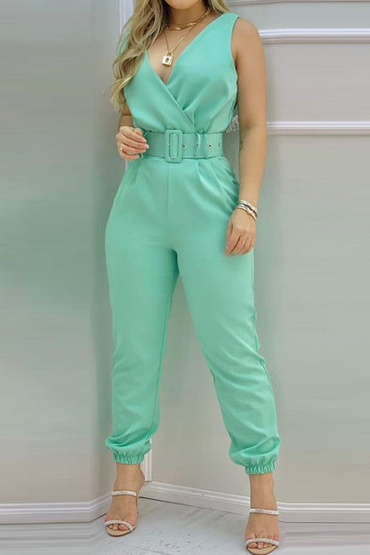 Backless With Belt V Neck Regular Jumpsuits(6 Colors)