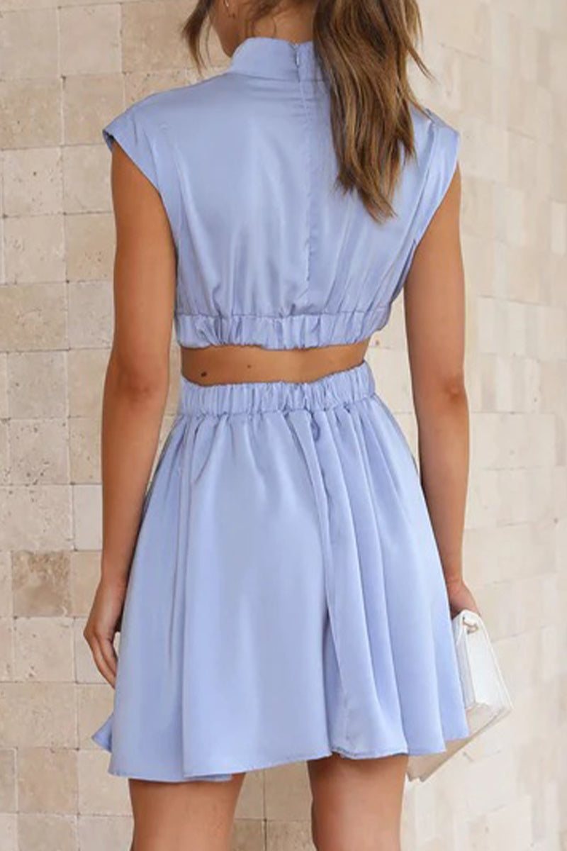 Sweet Ripped Mandarin Collar Waist Skirt Dresses