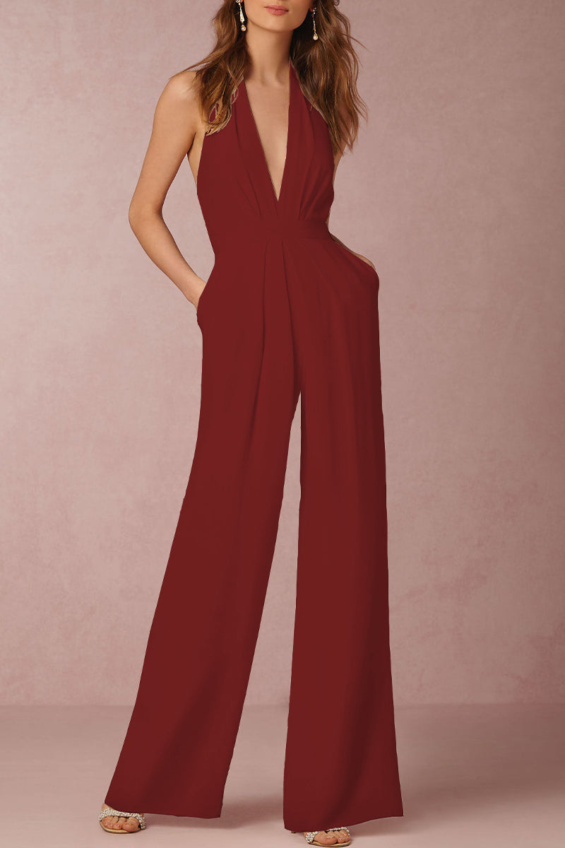 Backless Fold V Neck Regular Jumpsuits(12 Colors)