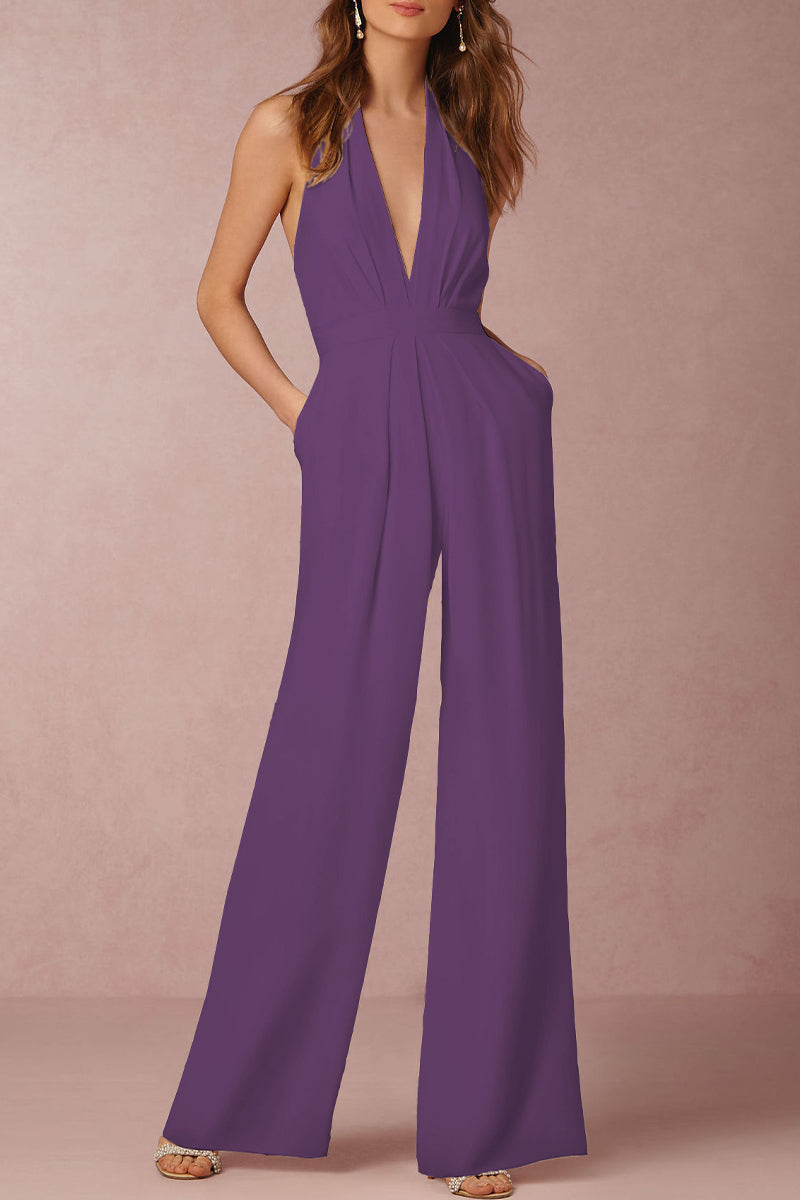 Backless Fold V Neck Regular Jumpsuits(12 Colors)