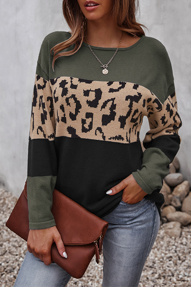 Leopard Patchwork Contrast O Neck Sweaters(4 Colors)