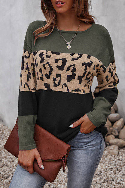 Leopard Patchwork Contrast O Neck Sweaters(4 Colors)