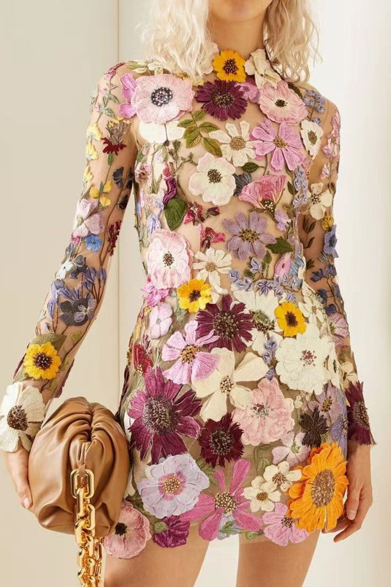 Sweet Patchwork Appliques Half a Turtleneck One Step Skirt Dresses