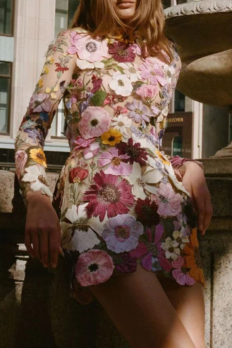 Sweet Patchwork Appliques Half a Turtleneck One Step Skirt Dresses