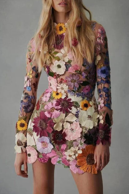 Sweet Patchwork Appliques Half a Turtleneck One Step Skirt Dresses