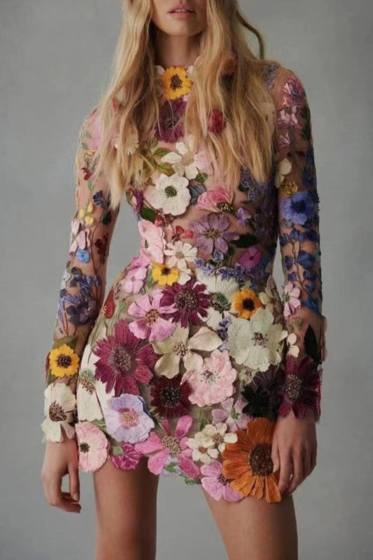 Sweet Patchwork Appliques Half a Turtleneck One Step Skirt Dresses