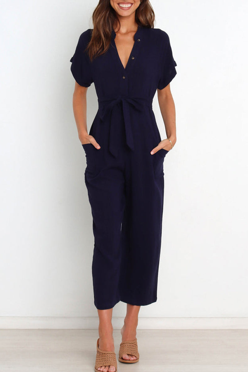 Simplicity Pocket Frenulum V Neck Regular Jumpsuits