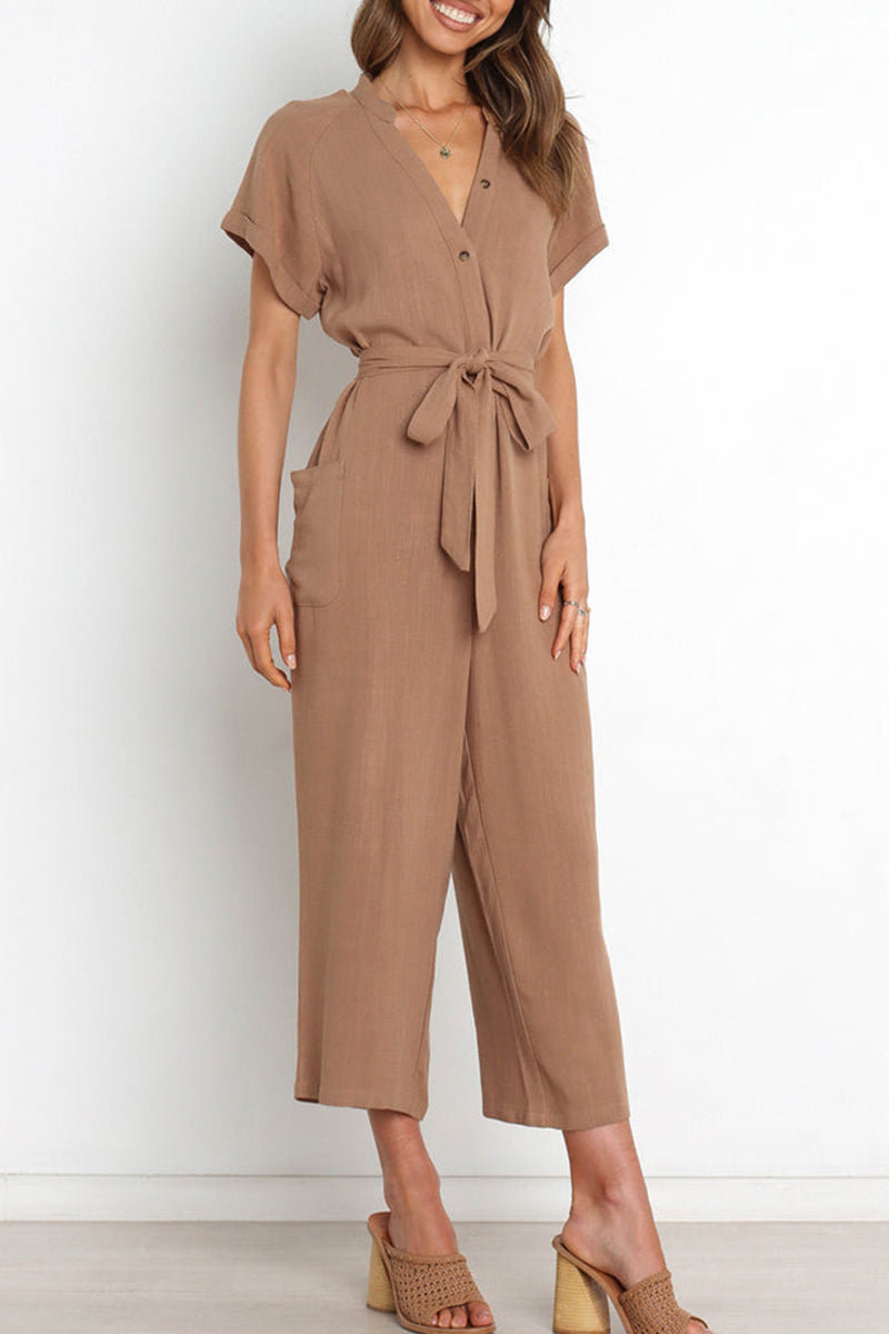 Simplicity Pocket Frenulum V Neck Regular Jumpsuits