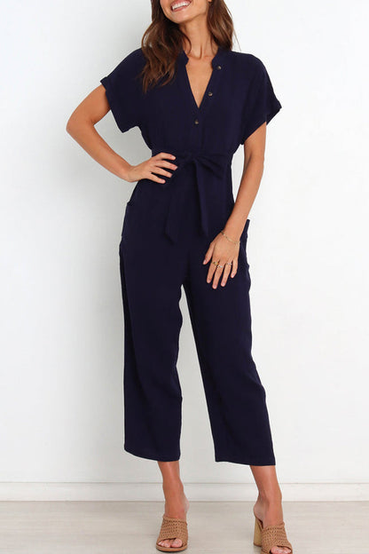 Simplicity Pocket Frenulum V Neck Regular Jumpsuits