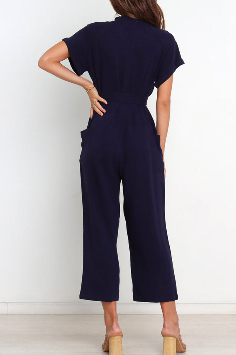 Simplicity Pocket Frenulum V Neck Regular Jumpsuits