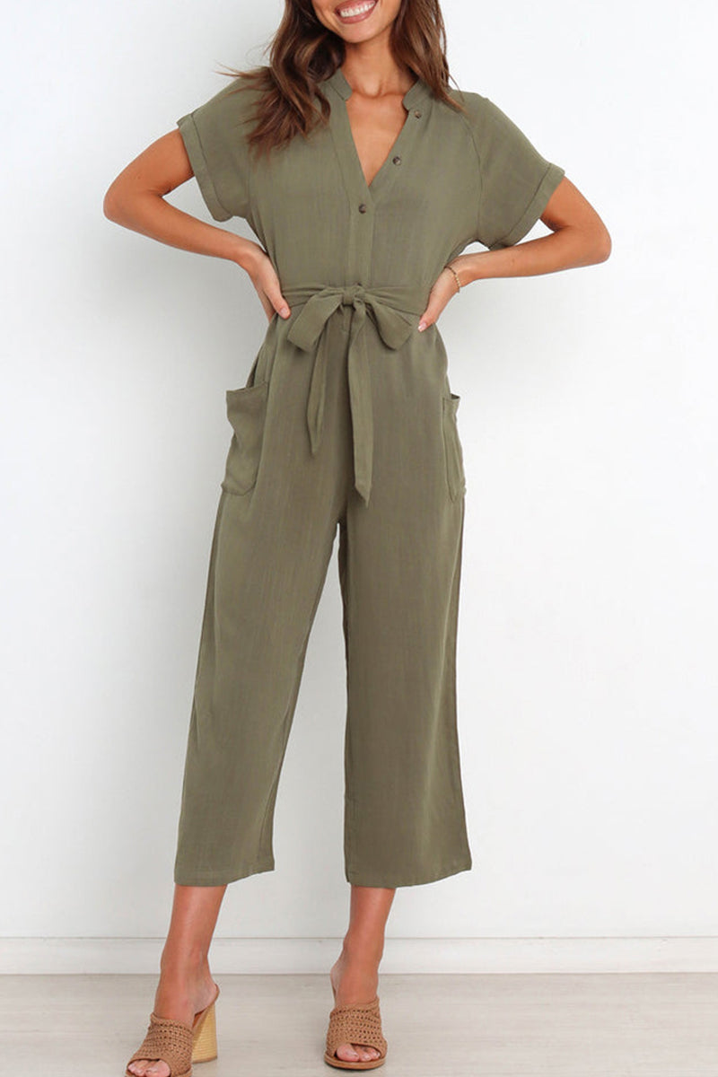 Simplicity Pocket Frenulum V Neck Regular Jumpsuits